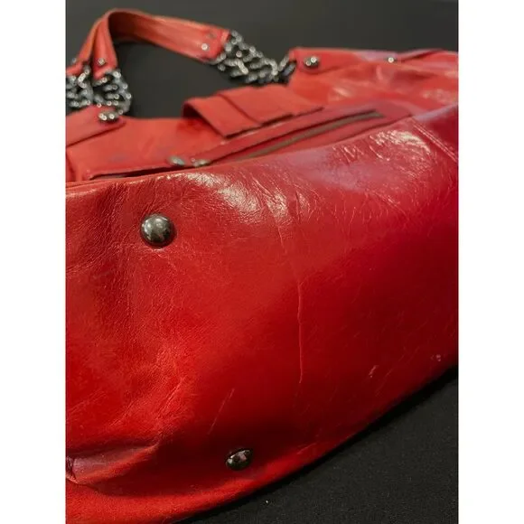 ~ Kenneth Cole NY leather bag shoulder purse brick red, double strap metal chain - Picture 7 of 16